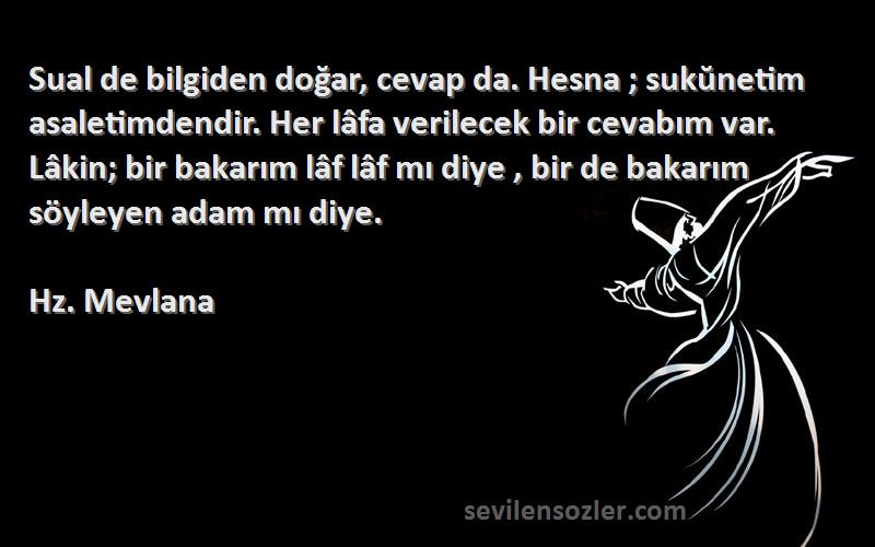 Hz. Mevlana Sözleri 
Sual de bilgiden doğar, cevap da. Hesna ; sukŭnetim asaletimdendir. Her lâfa verilecek bir cevabım var. Lâkin; bir bakarım lâf lâf mı diye , bir de bakarım söyleyen adam mı diye.