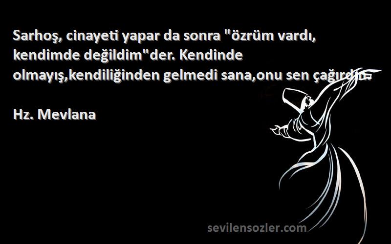 Hz. Mevlana Sözleri 
Sarhoş, cinayeti yapar da sonra özrüm vardı, kendimde değildimder. Kendinde olmayış,kendiliğinden gelmedi sana,onu sen çağırdın.