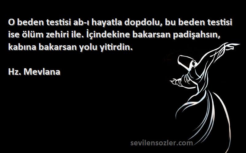 Hz. Mevlana Sözleri 
O beden testisi ab-ı hayatla dopdolu, bu beden testisi ise ölüm zehiri ile. İçindekine bakarsan padişahsın, kabına bakarsan yolu yitirdin.