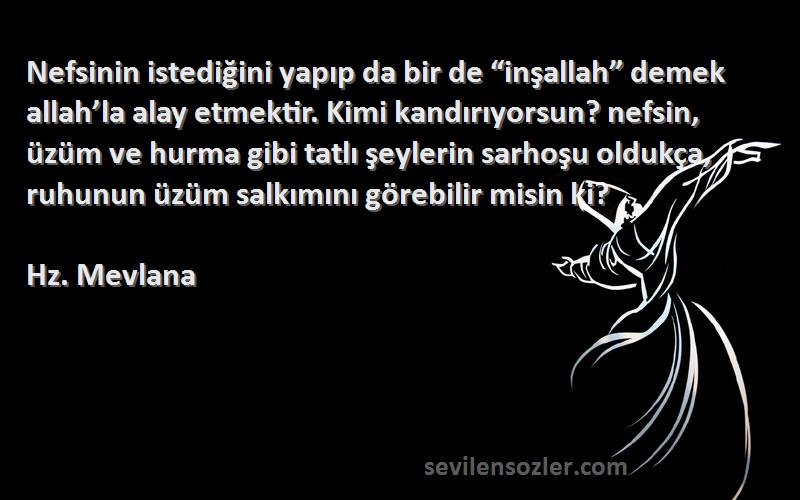 Hz. Mevlana Sözleri 
Nefsinin istediğini yapıp da bir de “inşallah” demek allah’la alay etmektir. Kimi kandırıyorsun? nefsin, üzüm ve hurma gibi tatlı şeylerin sarhoşu oldukça, ruhunun üzüm salkımını görebilir misin ki?