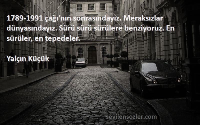 Yalçın Küçük Sözleri 
1789-1991 çağı'nın sonrasındayız. Meraksızlar dünyasındayız. Sürü sürü sürülere benziyoruz. En sürüler, en tepedeler.