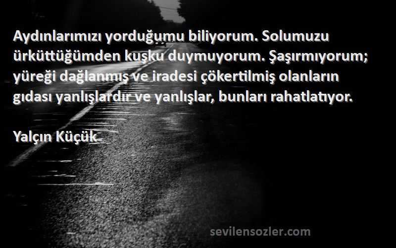 Yalçın Küçük Sözleri 
Aydınlarımızı yorduğumu biliyorum. Solumuzu ürküttüğümden kuşku duymuyorum. Şaşırmıyorum; yüreği dağlanmış ve iradesi çökertilmiş olanların gıdası yanlışlardır ve yanlışlar, bunları rahatlatıyor.