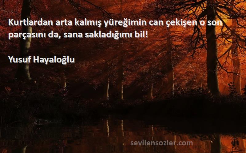 Yusuf Hayaloğlu Sözleri 
Kurtlardan arta kalmış yüreğimin can çekişen o son parçasını da, sana sakladığımı bil!