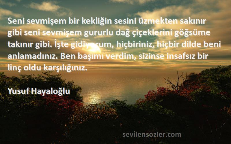 Yusuf Hayaloğlu Sözleri 
Seni sevmişem bir kekliğin sesini üzmekten sakınır gibi seni sevmişem gururlu dağ çiçeklerini göğsüme takınır gibi. İşte gidiyorum, hiçbiriniz, hiçbir dilde beni anlamadınız. Ben başımı verdim, sizinse insafsız bir linç oldu karşılığınız.