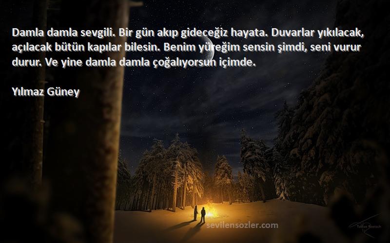 Yılmaz Güney Sözleri 
Damla damla sevgili. Bir gün akıp gideceğiz hayata. Duvarlar yıkılacak, açılacak bütün kapılar bilesin. Benim yüreğim sensin şimdi, seni vurur durur. Ve yine damla damla çoğalıyorsun içimde.