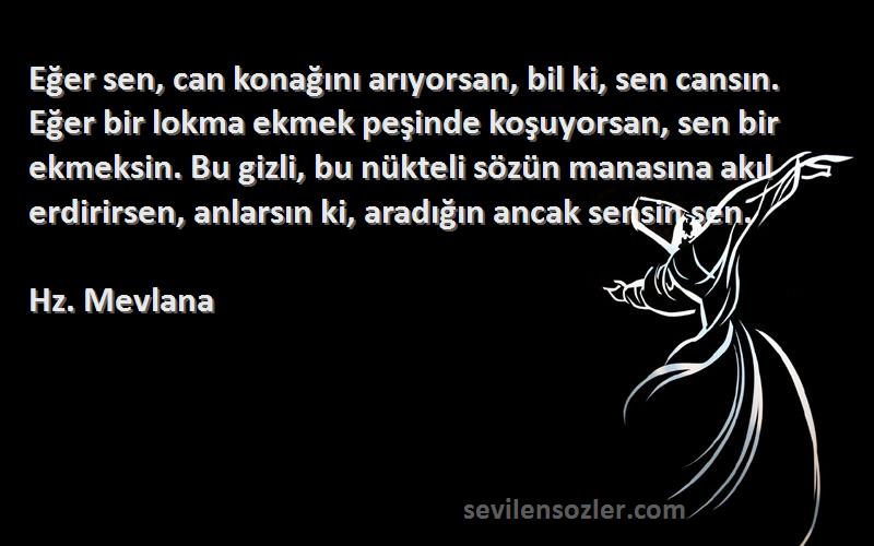 Hz. Mevlana Sözleri 
Eğer sen, can konağını arıyorsan, bil ki, sen cansın. Eğer bir lokma ekmek peşinde koşuyorsan, sen bir ekmeksin. Bu gizli, bu nükteli sözün manasına akıl erdirirsen, anlarsın ki, aradığın ancak sensin sen.