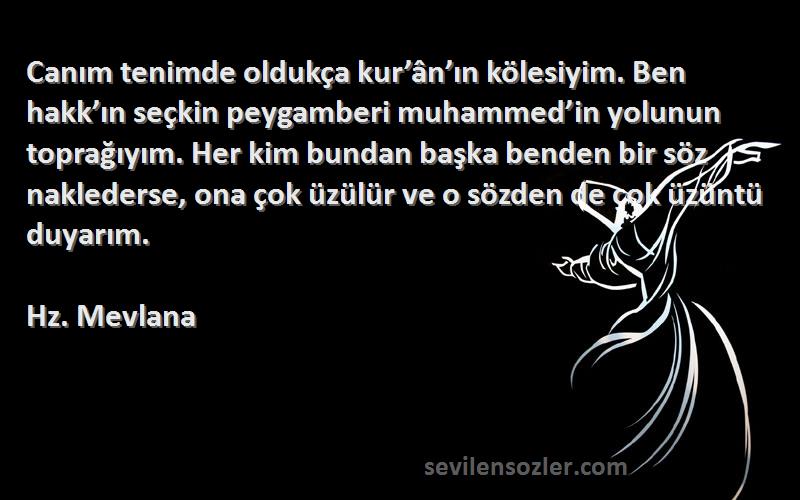 Hz. Mevlana Sözleri 
Canım tenimde oldukça kur’ân’ın kölesiyim. Ben hakk’ın seçkin peygamberi muhammed’in yolunun toprağıyım. Her kim bundan başka benden bir söz naklederse, ona çok üzülür ve o sözden de çok üzüntü duyarım.