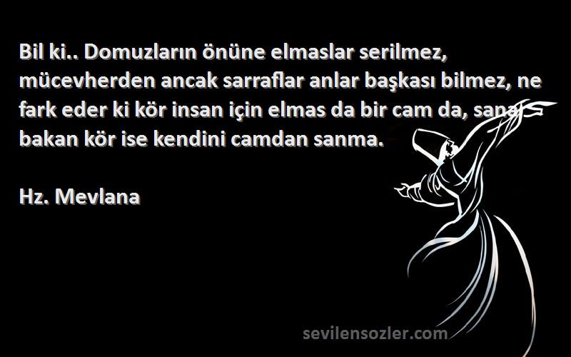 Hz. Mevlana Sözleri 
Bil ki.. Domuzların önüne elmaslar serilmez, mücevherden ancak sarraflar anlar başkası bilmez, ne fark eder ki kör insan için elmas da bir cam da, sana bakan kör ise kendini camdan sanma.