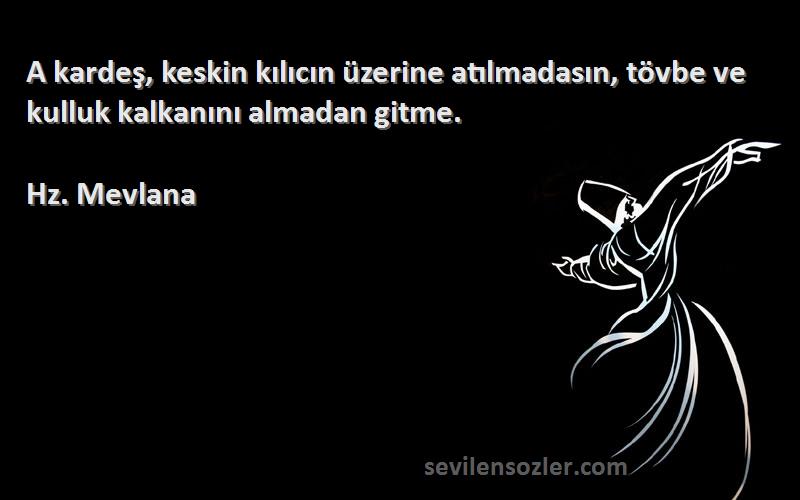 Hz. Mevlana Sözleri 
A kardeş, keskin kılıcın üzerine atılmadasın, tövbe ve kulluk kalkanını almadan gitme.