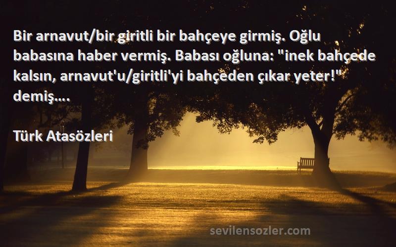 Türk Atasözleri Sözleri 
Bir arnavut/bir giritli bir bahçeye girmiş. Oğlu babasına haber vermiş. Babası oğluna: inek bahçede kalsın, arnavut'u/giritli'yi bahçeden çıkar yeter! demiş….