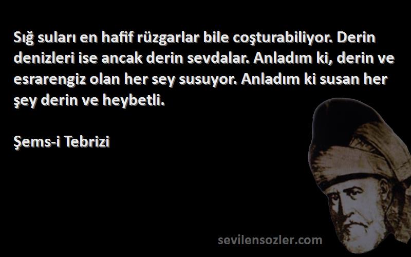 Şems-i Tebrizi Sözleri 
Sığ suları en hafif rüzgarlar bile coşturabiliyor. Derin denizleri ise ancak derin sevdalar. Anladım ki, derin ve esrarengiz olan her sey susuyor. Anladım ki susan her şey derin ve heybetli.