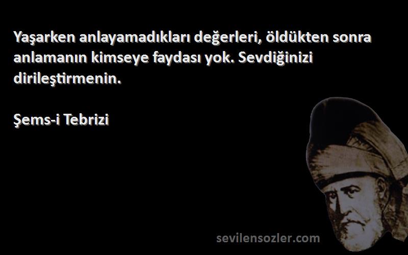 Şems-i Tebrizi Sözleri 
Yaşarken anlayamadıkları değerleri, öldükten sonra anlamanın kimseye faydası yok. Sevdiğinizi dirileştirmenin.