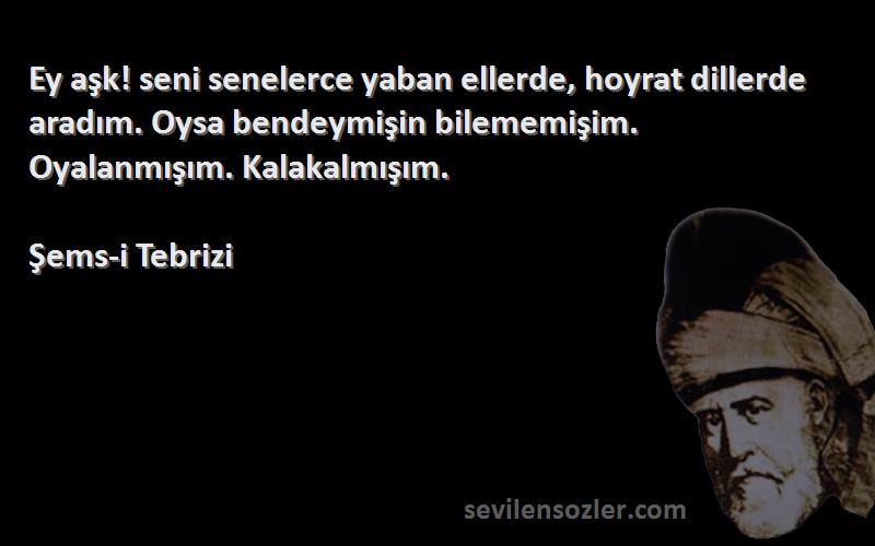 Şems-i Tebrizi Sözleri 
Ey aşk! seni senelerce yaban ellerde, hoyrat dillerde aradım. Oysa bendeymişin bilememişim. Oyalanmışım. Kalakalmışım.