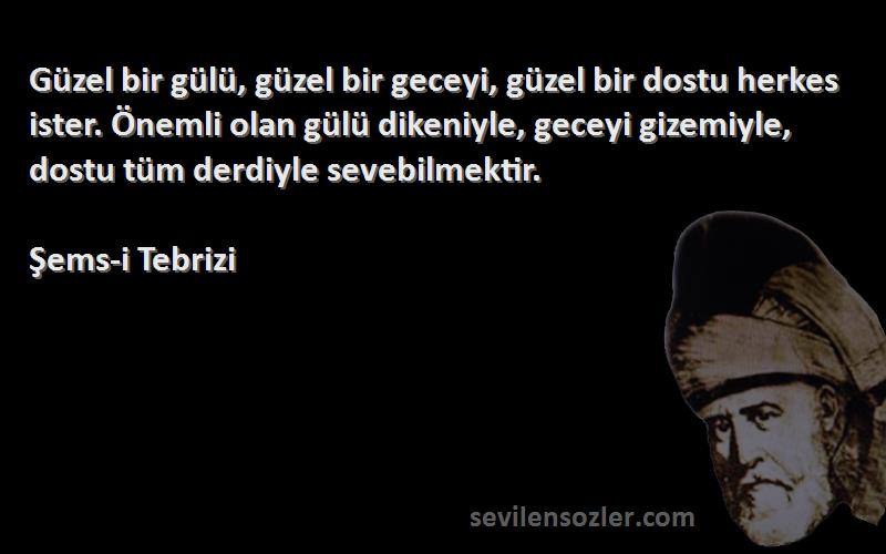 Şems-i Tebrizi Sözleri 
Güzel bir gülü, güzel bir geceyi, güzel bir dostu herkes ister. Önemli olan gülü dikeniyle, geceyi gizemiyle, dostu tüm derdiyle sevebilmektir.