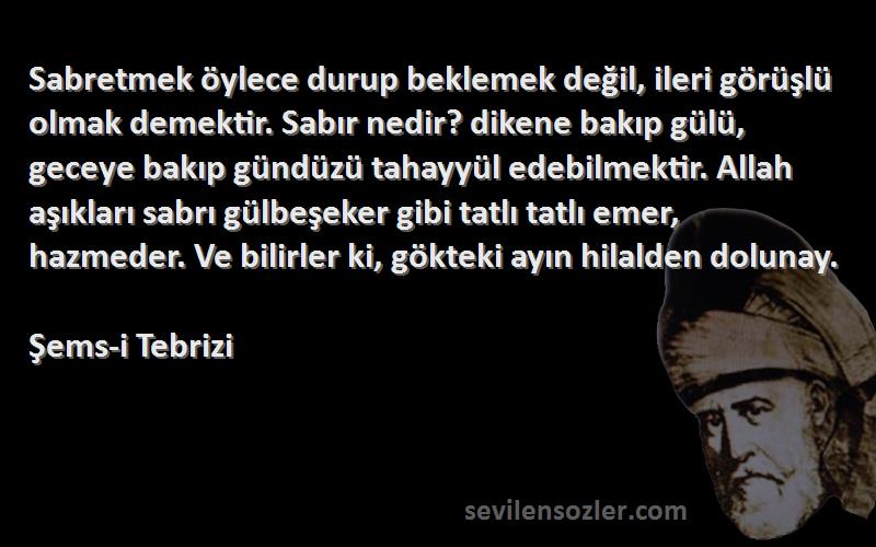 Şems-i Tebrizi Sözleri 
Sabretmek öylece durup beklemek değil, ileri görüşlü olmak demektir. Sabır nedir? dikene bakıp gülü, geceye bakıp gündüzü tahayyül edebilmektir. Allah aşıkları sabrı gülbeşeker gibi tatlı tatlı emer, hazmeder. Ve bilirler ki, gökteki ayın hilalden dolunay.