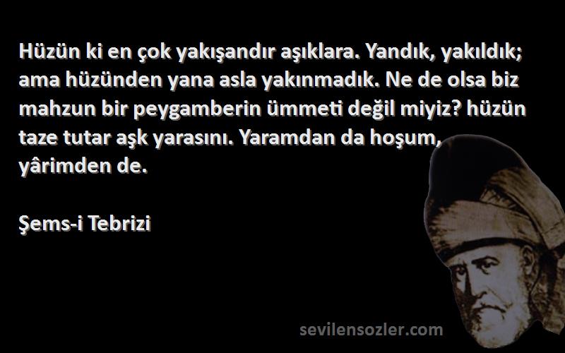 Şems-i Tebrizi Sözleri 
Hüzün ki en çok yakışandır aşıklara. Yandık, yakıldık; ama hüzünden yana asla yakınmadık. Ne de olsa biz mahzun bir peygamberin ümmeti değil miyiz? hüzün taze tutar aşk yarasını. Yaramdan da hoşum, yârimden de.