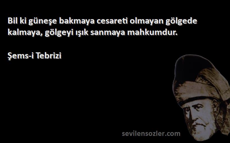 Şems-i Tebrizi Sözleri 
Bil ki güneşe bakmaya cesareti olmayan gölgede kalmaya, gölgeyi ışık sanmaya mahkumdur.