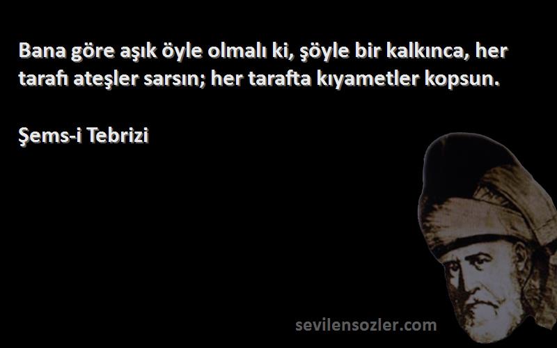 Şems-i Tebrizi Sözleri 
Bana göre aşık öyle olmalı ki, şöyle bir kalkınca, her tarafı ateşler sarsın; her tarafta kıyametler kopsun.