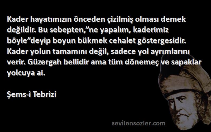 Şems-i Tebrizi Sözleri 
Kader hayatımızın önceden çizilmiş olması demek değildir. Bu sebepten,”ne yapalım, kaderimiz böyle”deyip boyun bükmek cehalet göstergesidir. Kader yolun tamamını değil, sadece yol ayrımlarını verir. Güzergah bellidir ama tüm dönemeç ve sapaklar yolcuya ai.