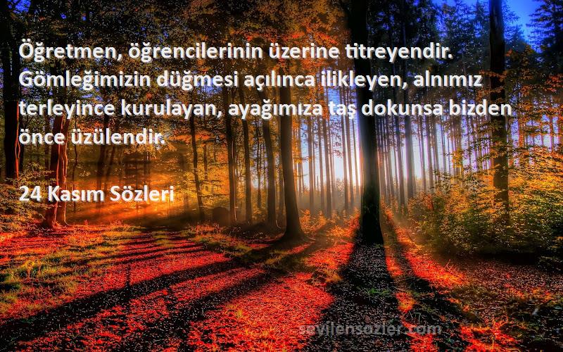 24 Kasım  Sözleri 
Öğretmen, öğrencilerinin üzerine titreyendir. Gömleğimizin düğmesi açılınca ilikleyen, alnımız terleyince kurulayan, ayağımıza taş dokunsa bizden önce üzülendir.