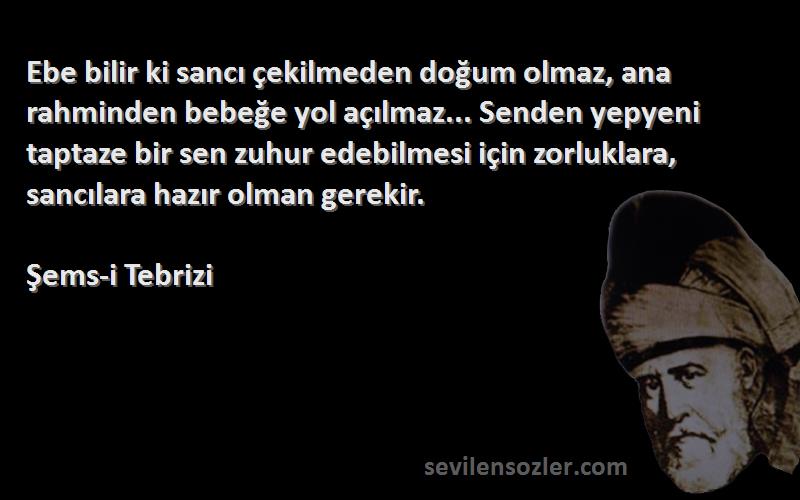 Şems-i Tebrizi Sözleri 
Ebe bilir ki sancı çekilmeden doğum olmaz, ana rahminden bebeğe yol açılmaz... Senden yepyeni taptaze bir sen zuhur edebilmesi için zorluklara, sancılara hazır olman gerekir.