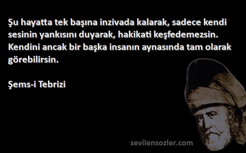 Şems-i Tebrizi Sözleri 
Şu hayatta tek başına inzivada kalarak, sadece kendi sesinin yankısını duyarak, hakikati keşfedemezsin. Kendini ancak bir başka insanın aynasında tam olarak görebilirsin.