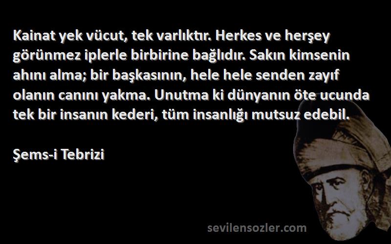 Şems-i Tebrizi Sözleri 
Kainat yek vücut, tek varlıktır. Herkes ve herşey görünmez iplerle birbirine bağlıdır. Sakın kimsenin ahını alma; bir başkasının, hele hele senden zayıf olanın canını yakma. Unutma ki dünyanın öte ucunda tek bir insanın kederi, tüm insanlığı mutsuz edebil.