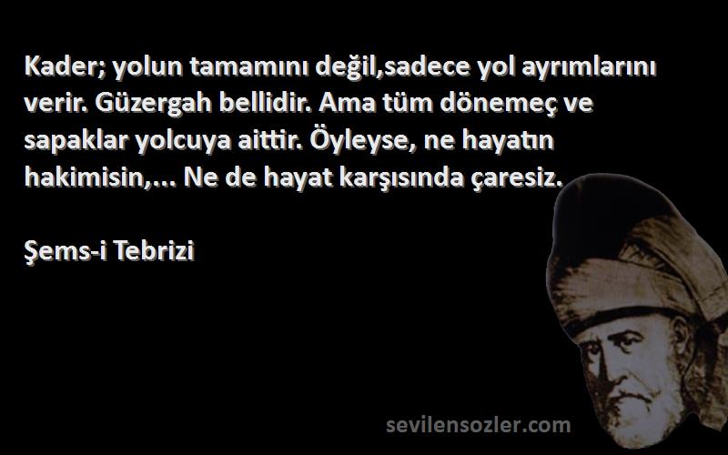 Şems-i Tebrizi Sözleri 
Kader; yolun tamamını değil,sadece yol ayrımlarını verir. Güzergah bellidir. Ama tüm dönemeç ve sapaklar yolcuya aittir. Öyleyse, ne hayatın hakimisin,... Ne de hayat karşısında çaresiz.