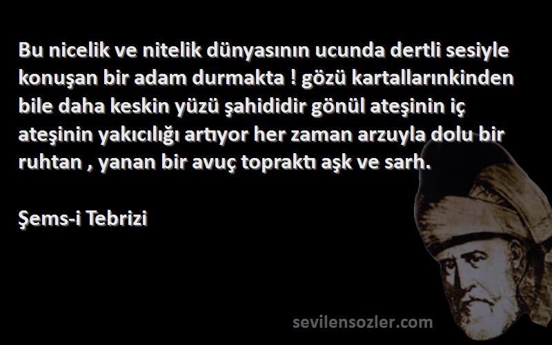 Şems-i Tebrizi Sözleri 
Bu nicelik ve nitelik dünyasının ucunda dertli sesiyle konuşan bir adam durmakta ! gözü kartallarınkinden bile daha keskin yüzü şahididir gönül ateşinin iç ateşinin yakıcılığı artıyor her zaman arzuyla dolu bir ruhtan , yanan bir avuç topraktı aşk ve sarh.