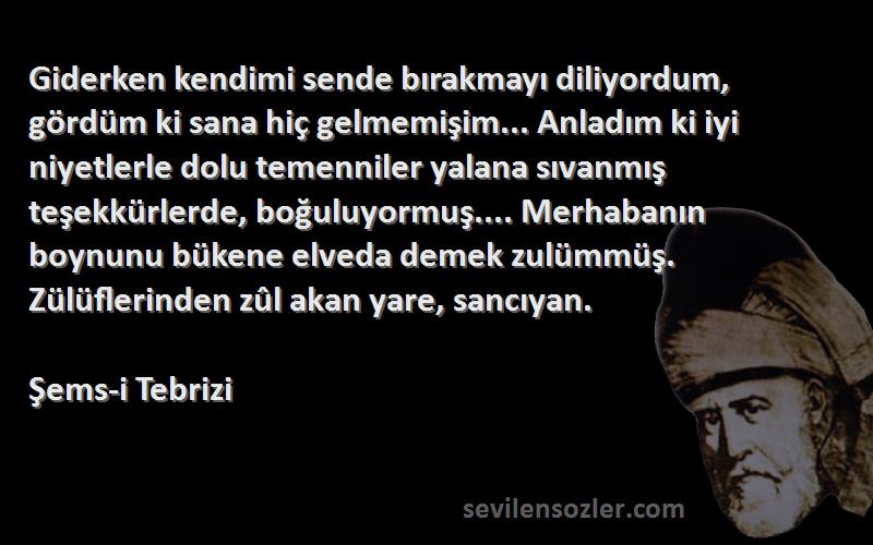 Şems-i Tebrizi Sözleri 
Giderken kendimi sende bırakmayı diliyordum, gördüm ki sana hiç gelmemişim... Anladım ki iyi niyetlerle dolu temenniler yalana sıvanmış teşekkürlerde, boğuluyormuş.... Merhabanın boynunu bükene elveda demek zulümmüş. Zülüflerinden zûl akan yare, sancıyan.