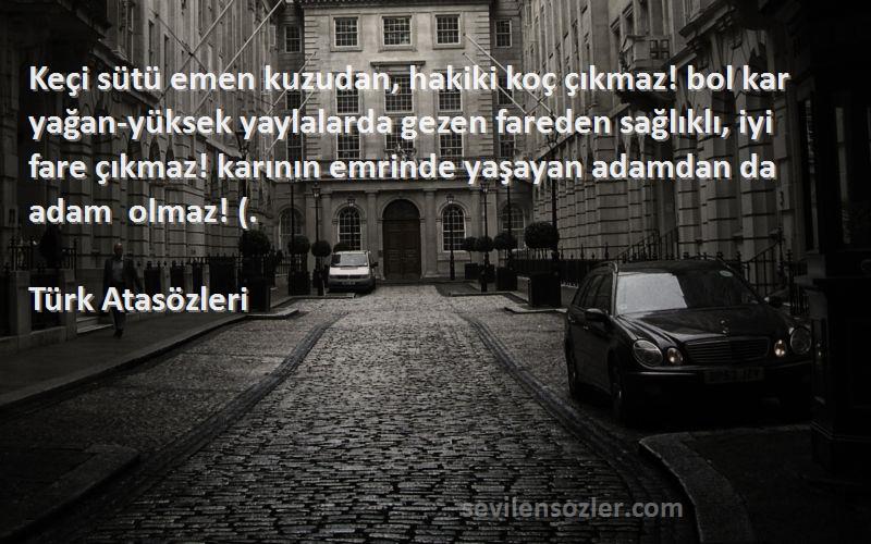 Türk Atasözleri Sözleri 
Keçi sütü emen kuzudan, hakiki koç çıkmaz! bol kar yağan-yüksek yaylalarda gezen fareden sağlıklı, iyi fare çıkmaz! karının emrinde yaşayan adamdan da adam olmaz! (.